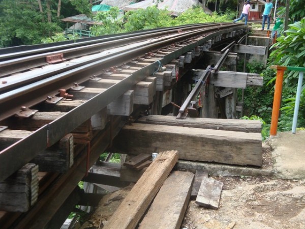 we had to walk along the track of the rickety bridge, with huge drops either side of us