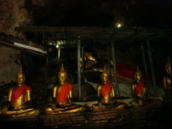 dimly lit Buddha images