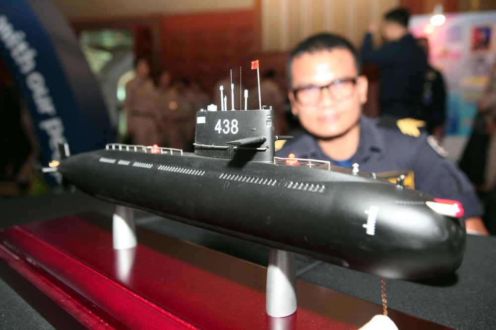 A model of the Yuan Class S26T submarine that Thailand has already signed a deal to buy from China, is displayed at the Royal Thai Navy's auditorium in August 2017. Apichart Jinakul