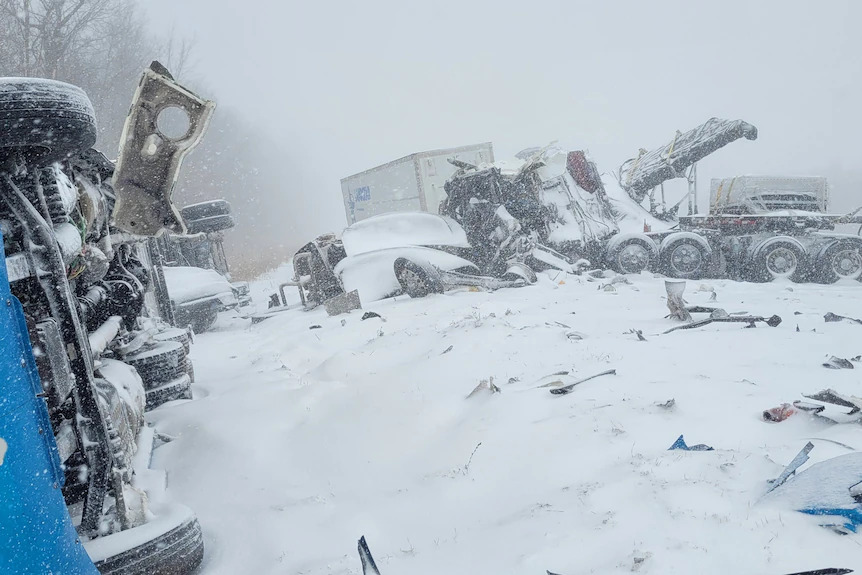 Vehicles involved in multiple collisions are seen along the  corridor near London, Ontario, Canada.(Reuters: OPP West Region)