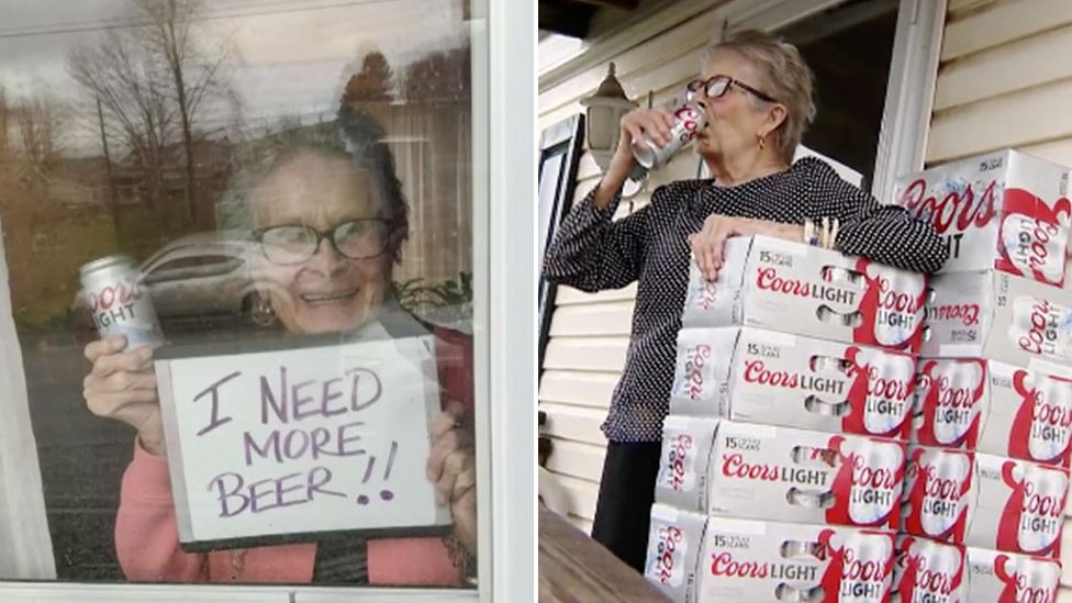 Olive Veronesi, 93, went viral after a family member posted an image of her asking for beer while she was in isolation. Source: KDKA
