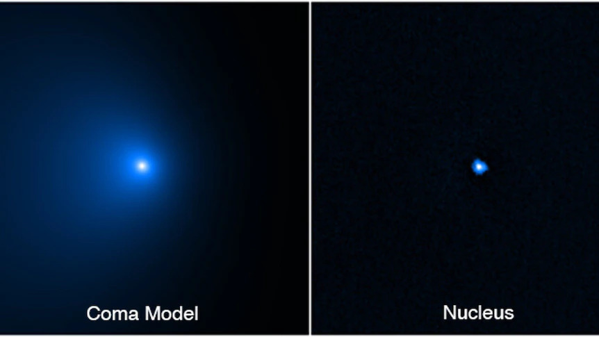 The initial observation revealed a shell of dust and gas surrounding the comet's nucleus.(Supplied: NASA/Space Telescope Science Institute/Macau University of Science and Technology)